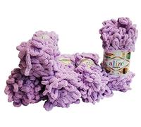 5 x 100 Gramm Strickwolle Alize Puffy, 500 Gramm Fingerstrick - Wolle super bulky, Schlaufenwolle, Stricken ohne Nadel (flieder 27)