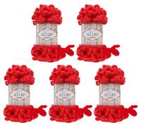 5 x 100 Gramm Strickwolle Alize Puffy, 500 Gramm Fingerstrick - Wolle super bulky, Schlaufenwolle, Stricken ohne Nadel (rot 56)
