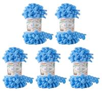 5 x 100 Gramm Strickwolle Alize Puffy, 500 Gramm Fingerstrick - Wolle super bulky, Schlaufenwolle, Stricken ohne Nadel (blau 289)