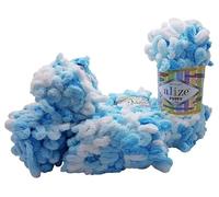 5 x 100 Gramm Strickwolle Alize Puffy Color, 500 Gramm Fingerstrick - Wolle mehrfarbig super bulky, Schlaufenwolle, Stricken ohne Nadel (blau weiss 5924)