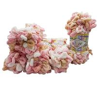 5 x 100 Gramm Strickwolle Alize Puffy Color, 500 Gramm Fingerstrick - Wolle mehrfarbig super bulky, Schlaufenwolle, Stricken ohne Nadel (beige rosa weiss 6046)
