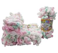 5 x 100 Gramm Strickwolle Alize Puffy Color, 500 Gramm Fingerstrick - Wolle mehrfarbig super bulky, Schlaufenwolle, Stricken ohne Nadel (rosa mint weiss 6052)