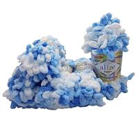 5 x 100 Gramm Strickwolle Alize Puffy Color, 500 Gramm Fingerstrick - Wolle mehrfarbig super bulky, Schlaufenwolle, Stricken ohne Nadel (weiss blau 5865)