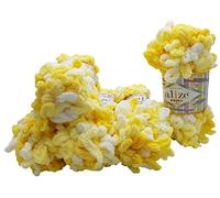 5 x 100 Gramm Strickwolle Alize Puffy Color, 500 Gramm Fingerstrick - Wolle mehrfarbig super bulky, Schlaufenwolle, Stricken ohne Nadel (gelb weiß 5921)