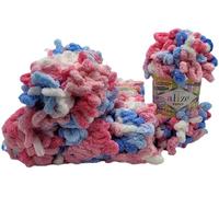 5 x 100 Gramm Strickwolle Ilkadim Export Puffy Color, 500 Gramm Fingerstrick - Wolle mehrfarbig super bulky, Schlaufenwolle, Stricken ohne Nadel (pink rosa blau weiss 6525)