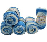 5 x 100g Babywolle Ilkadim Export Sekerim Bebe Batik Mehrfarbig, 500 Gramm Wolle Acryl Strickgarn (blau weiss 2130)