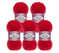 5 x 100g Strickgarn Alize Cotton Gold Uni Klassikgarn Häkelgarn Strick-Wolle Farbwahl, Farbe:56 rot