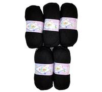 5 x 100g Strickwolle Alize Bebe einfarbig, 500 Gramm Wolle zum Stricken und Häkeln (schwarz 60)