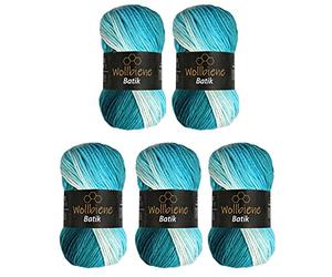 5 x 100g Wollbiene Batik 500 Gramm Wolle mit Farbverlauf mehrfarbig Multicolor Strickwolle Häkelwolle (5200 petrol türkis weiß)
