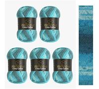 5 x 100g Wollbiene Crazy Cotton Batik 500 Gramm mit Farbverlauf 55% Baumwolle mehrfarbig Multicolor Strickwolle Häkelwolle Wolle Ganzjahreswolle (5200 petrol türkis weiß)