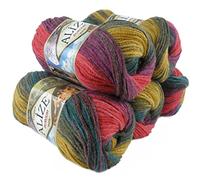 500g Strick-Garn ALIZE BURCUM Batik Strick-Wolle Handstrickgarn, Farbe wählbar, Farbe:3368 beere-oliv-petrol-gelb-rot