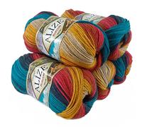 500g Strick-Garn ALIZE BURCUM Batik Strick-Wolle Handstrickgarn, Farbe wählbar, Farbe:4340 blau-rot-terracotta-gelb