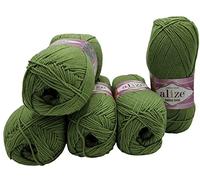 500g Strickwolle Ilkadim Export Cotton gold einfarbig, 5 x 100g Strickgarn mit 55% Baumwolle, uni (grün 485)