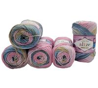 500g Strickwolle Ilkadim Export Cotton gold mit Farbverlauf mehrfarbig, 5 x 100 Gramm Strickgarn 55% Baumwolle (petrol oliv rosa ua 2970)