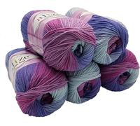 500g Strickwolle Ilkadim Export Cotton gold mit Farbverlauf mehrfarbig, 5 x 100 Gramm Strickgarn 55% Baumwolle (beere lila grau 3686)