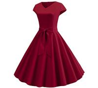 50er Rockabilly Petticoat Kleid Damen Hepburn Einfarbige Abendkleid Kurzarm Ballkleid mit V-Ausschnitt A-Linien Swing Cocktailkleid Hohe Taille Partykleid Abiballkleid Brautjungfern Kleider