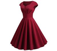 50er Rockabilly Petticoat Kleid Damen Hepburn Einfarbige Abendkleid Kurzarm Ballkleid mit V-Ausschnitt A-Linien Swing Cocktailkleid Hohe Taille Partykleid Abiballkleid Brautjungfern Kleider