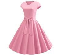 50er Rockabilly Petticoat Kleid Damen Hepburn Einfarbige Abendkleid Kurzarm Ballkleid mit V-Ausschnitt A-Linien Swing Cocktailkleid Hohe Taille Partykleid Abiballkleid Brautjungfern Kleider