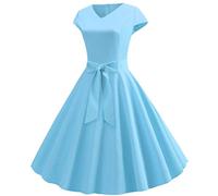 50er Rockabilly Petticoat Kleid Damen Hepburn Einfarbige Abendkleid Kurzarm Ballkleid mit V-Ausschnitt A-Linien Swing Cocktailkleid Hohe Taille Partykleid Abiballkleid Brautjungfern Kleider