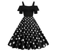 50er Rockabilly Petticoat Kleid Damen Hepburn Tupfen Druck Abendkleid Kurzarm Ballkleid mit Schulterfrei Rüschensaum Sling Cocktailkleid Swing Partykleid A-Linie Abiballkleid
