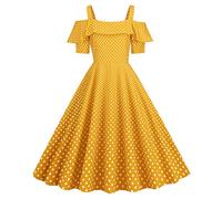50er Rockabilly Petticoat Kleid Damen Hepburn Tupfen Druck Abendkleid Kurzarm Ballkleid mit Schulterfrei Rüschensaum Sling Cocktailkleid Swing Partykleid A-Linie Abiballkleid