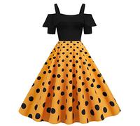 50er Rockabilly Petticoat Kleid Damen Hepburn Tupfen Druck Abendkleid Kurzarm Ballkleid mit Schulterfrei Rüschensaum Sling Cocktailkleid Swing Partykleid A-Linie Abiballkleid