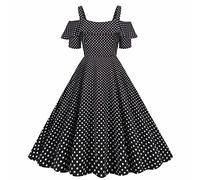 50er Rockabilly Petticoat Kleid Damen Hepburn Tupfen Druck Abendkleid Kurzarm Ballkleid mit Schulterfrei Rüschen Partykleid Cocktailkleid Abiballkleid Retro A-Linien Swing Kleider