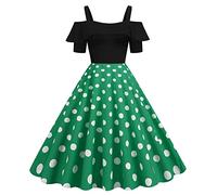 50er Rockabilly Petticoat Kleid Damen Hepburn Tupfen Druck Abendkleid Kurzarm Ballkleid mit Schulterfrei Rüschensaum Sling Cocktailkleid Swing Partykleid A-Linie Abiballkleid