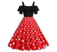 50er Rockabilly Petticoat Kleid Damen Hepburn Tupfen Druck Abendkleid Kurzarm Ballkleid mit Schulterfrei Rüschen Partykleid Cocktailkleid Abiballkleid Retro A-Linien Swing Kleider