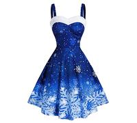 50er Rockabilly Petticoat Kleid Damen Schneeflocken Druck Swing Kleider Ärmellos Sling Ballkleid Hohe Taille Cocktailkleid Retro A-Linien Partykleid Midi Abendkleid Brautjungfern Kleider