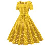 50er Rockabilly Petticoat Kleider Damen Retro Tupfen Druck Abendkleid Quadratischer Kragen Kurzarm Swing Kleid Partykleid Mit Bogen Knöpfe Ballkleid Cocktailkleid Brautjungfern Kleid