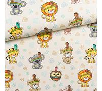 50x150cm Tiere Baumwollstoff für Kinder - Kinderstoffe aus 100% Baumwolle - Stoffe für Baby & Kinder zum Nähen - 0,5m Premium Baumwollstoffe Wildtiere als Indianer - keine Meterware