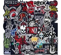 53 Stück Punk Musikserie Iron On Patch Schwarze Stickerei Rock Skelett Bügelbild Aufbügler Iron On/Sew On Flicken Aufkleber Applikation Bügelbilder für Kleidung T-Shirt Weste Rucksäcke Taschen Hut