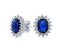 5CT Oval Royalblaue Ohrstecker für Damen Simulierter Saphir CZ Halo Krone .925 Sterlingsilber