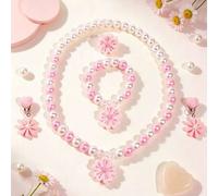 5er/Set Blumen Kunstperlen Schmuck Halskette Armband Ring Clip-On Ohrringe für Mädchen Prinzessin Party Verkleidung Geschenk