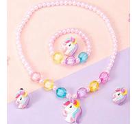5er Set Kinder Einhorn Kunstperlen Schmuck, Halskette Armband Ring Clip-On Ohrringe, süße Prinzessin Alltag Party Geschenk