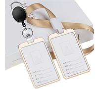 5MLGgoods Ausweishalter aus Metall für Damen und Herren, Aluminium, einziehbar, mit Clip-Lanyards (Champagner, 2 Stück)