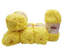 5x 100 Gramm Strickwolle Ilkadim Export Velvet Micro-Polyester, 500g Babywolle samtig, Strickgarn einfarbig (gelb 90002)