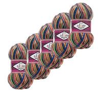 5x100g Sockenwolle Superwash Comfort 4-fädig Schurwolle Strumpfstrickgarn Farbauswahl, Farbe:2701 blau grün orange