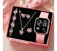 6/1 Stück Damen Süßer Sport Mode Elegante LED Digital Anzeige Elektronische Uhr mit exquisitem Schmuckset (Armband, Halskette, Ohrringe, Ring), geeign