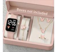 6/1 Stück süße und stilvolle LED-Herzförmige Digitaluhr, geeignet für Mädchen zum Tragen, ausgestattet mit Schmetterling Schmuckarmband, Halskette, Ri