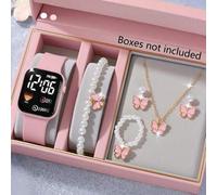 6/1 Stück süßes, elegantes und modisches quadratisches Herz-Muster LED Digital Uhr, kombiniert mit Perlenkette, Armband, Ring, Ohrringe, Schmuckset, g