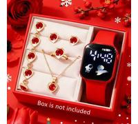 6/5 Stück Mädchen süß, elegant, modisch LED Flugzeug Muster Digitaluhr mit Herz-förmigen Strass Dekorationen Schmuckset mit Mädchen Halskette, Armband