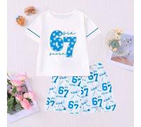 6-7 Themen 2-teiliges Kinder-Schlafanzug-Set, flammhemmend, neue Sommer-Lässig-Pyjamas, Rundhalsausschnitt, Kurzarm, elastischer Bund, Rüschensaum Sho