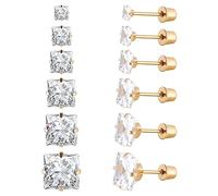 6 Paar chirurgische Edelstahl-Ohrstecker, Schraube zurück 18K Gold plattiert Herz Stern Quadrat Prinzessin Schnitt Runde weiße Cubic Zirkonia Ohrstecker Set für Frauen