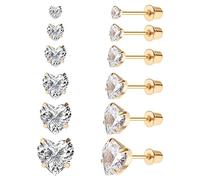 6 Paar chirurgische Edelstahl-Ohrstecker, Schraube zurück 18K Gold plattiert Herz Stern Quadrat Prinzessin Schnitt Runde weiße Cubic Zirkonia Ohrstecker Set für Frauen