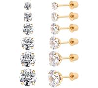 6 Paar chirurgische Edelstahl-Ohrstecker, Schraube zurück 18K Gold plattiert Herz Stern Quadrat Prinzessin Schnitt Runde weiße Cubic Zirkonia Ohrstecker Set für Frauen