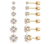 6 Paar chirurgische Edelstahl-Ohrstecker, Schraube zurück vergoldet Herz Stern Quadrat Prinzessin geschnitten Cubic Zirkonia Ohrstecker Set (Gold star Screw back)
