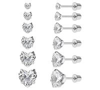 6 Paar chirurgische Edelstahl-Ohrstecker, Schraube zurück vergoldet Herz Stern Quadrat Prinzessin geschnitten Cubic Zirkonia Ohrstecker Set (Silver heart Screw back)
