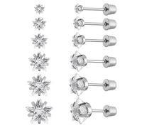 6 Paar chirurgische Edelstahl-Ohrstecker, Schraube zurück vergoldet Herz Stern Quadrat Prinzessin geschnitten Cubic Zirkonia Ohrstecker Set (Silver star Screw back)